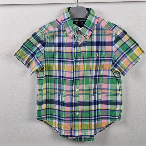 Polo Ralph Lauren Other - Polo Ralph Lauren Kids Plaid Short Sleeve Button Down Shirt Green Pink 3/3T